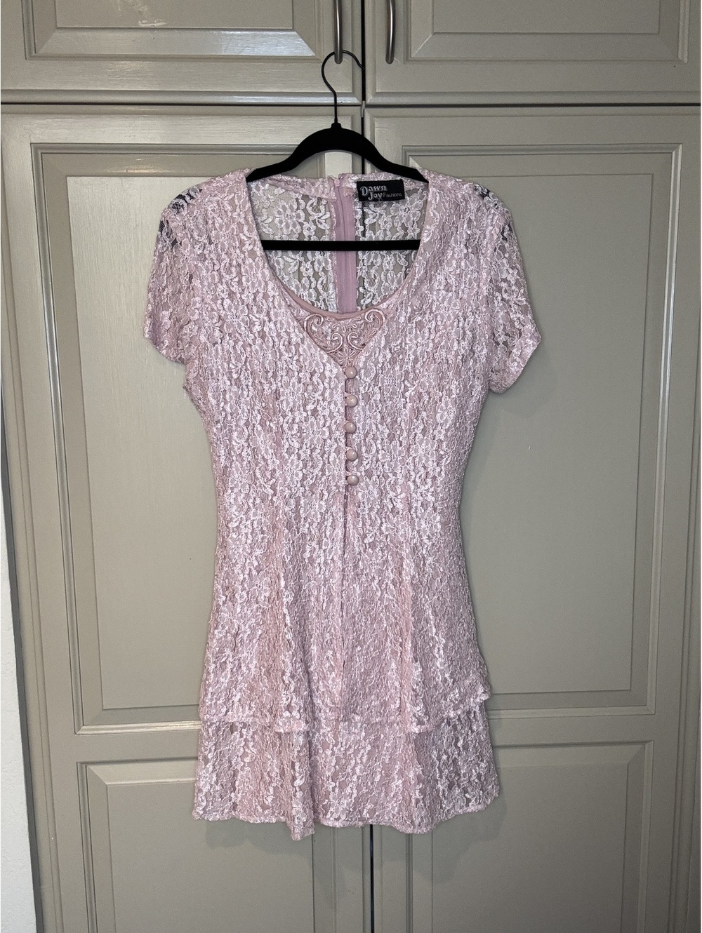 Vintage 80s Dawn Joy Fashions Pink Lace Mini Dress Size Small 6 By Measurements